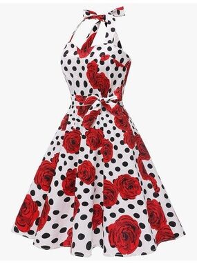 Retro Halter Midi Dress with Red Rose & Black Polka Dots